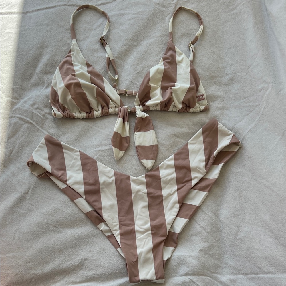 Billabong Striped Bikini in White and light pink
